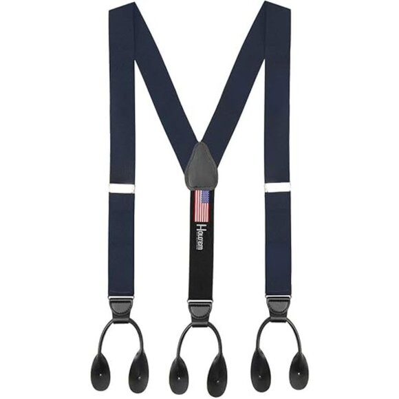HOLD'EM Men Suspender Y-Back Leather Trimmed Button End Non-Stretch - Navy - Picture 1 of 7